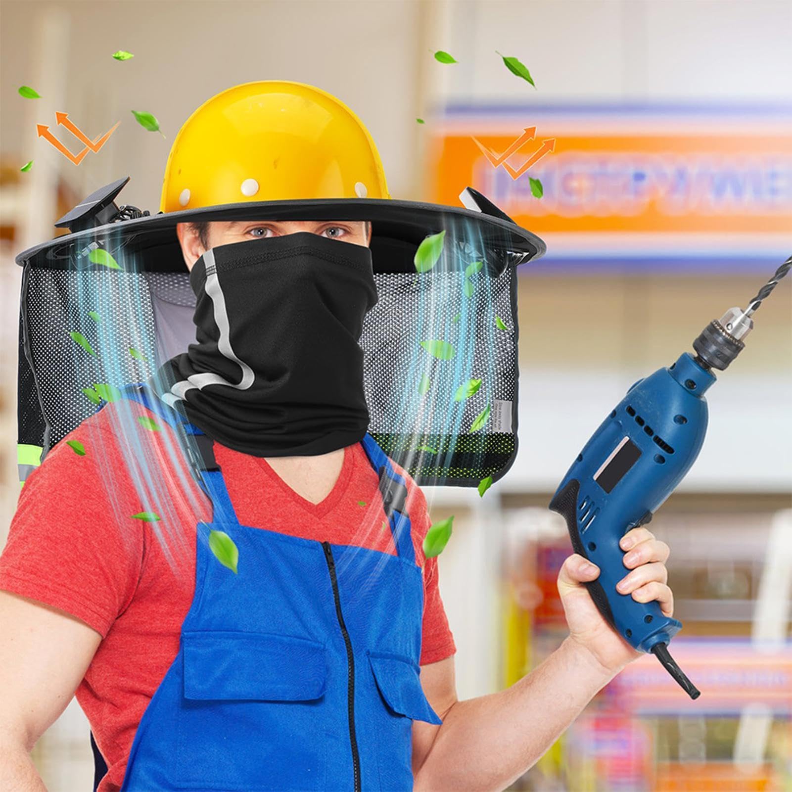 Visière de casque de protection légère avec ventilateur solaire, protection UV pour le visage et le cou, les travaux en extérieur, le toit, le jardinage et le camping