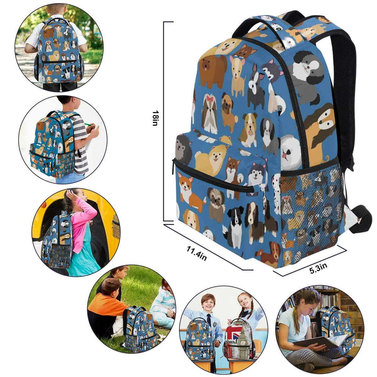 ZZKKO Cute Animal Dogs Boys Girls School Computer Backpacks Book Bag Travel Hiking Camping Daypack