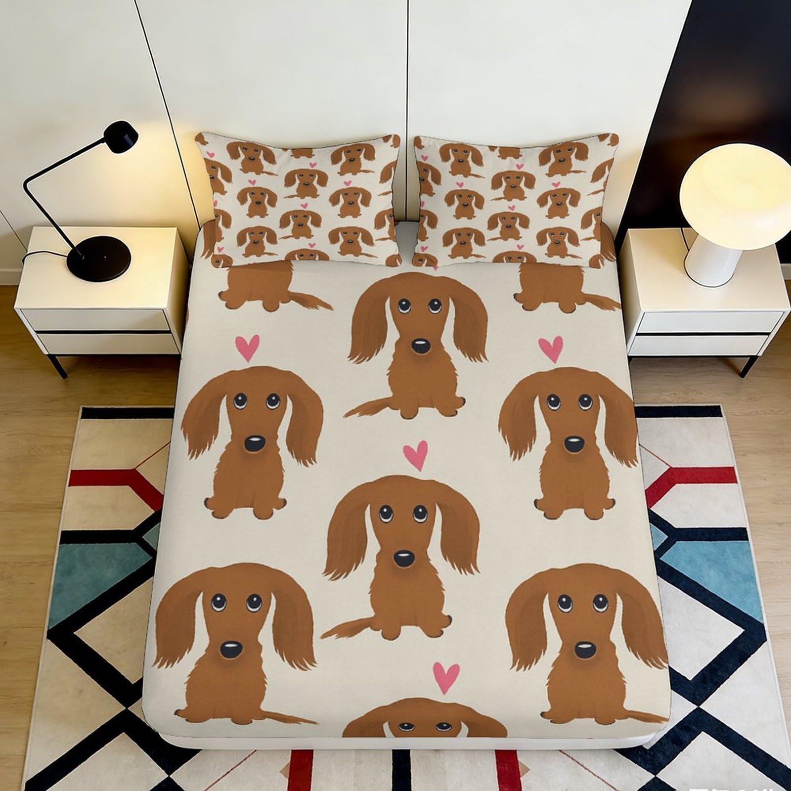 3D Printed Cartoon Dachshund Dog Fitted Sheet Microfiber Beige Heart Bed Cover for Bedroom Dorm Mattress Protection 140x200x25cm