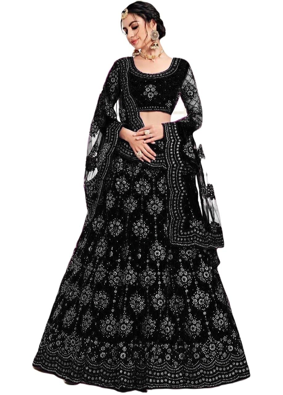 PREHANA FASHION Women's Soft Net/Satin Embroidery Semi Stitched Lehenga, Choli With Dupatta Set