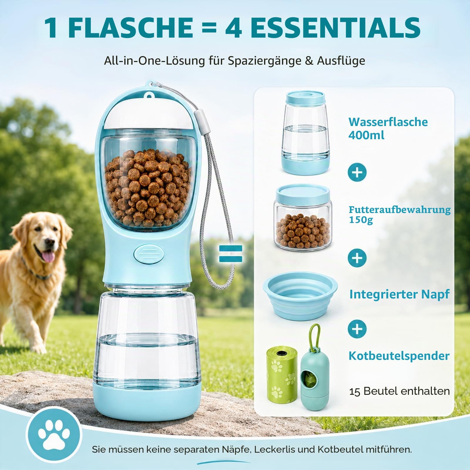 4-in-1 Hundetrinkflasche für Unterwegs – Auslaufsicheres Design mit Integriertem Napf, Futterfach & Kotbeutelhalter für Spaziergänge – Geeignet für Kleine bis Mittelgroße Hunde & Katzen