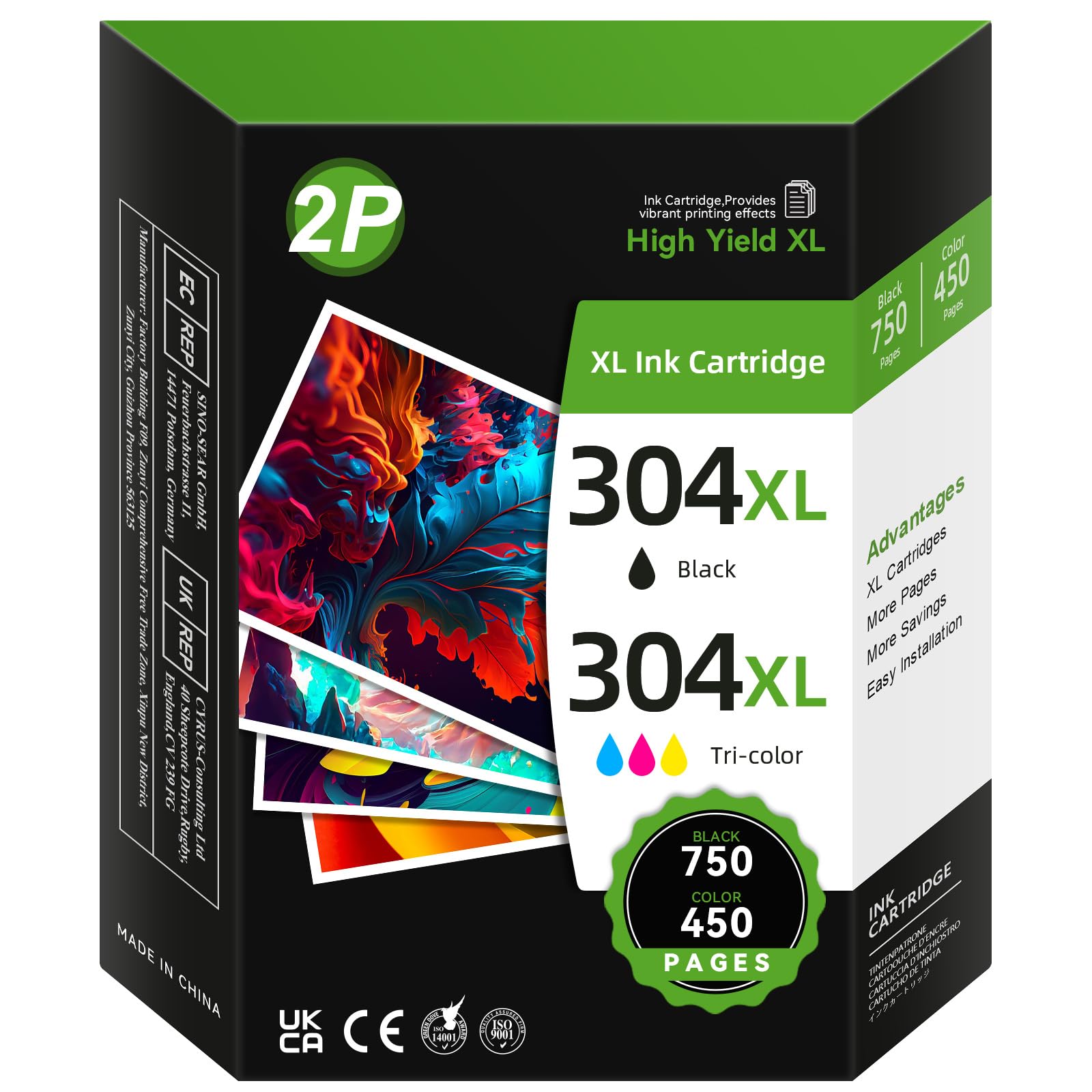 Economink 304XL Cartucho de Tinta, 304 XL Negro y Tricolor Remanufacturado para Cartucho HP 304, para DeskJet 3760 2630 2632 3762 3750 2622 3730 3735 2620 2633, Envy 5020 5032 Impresoras, Pack de 2