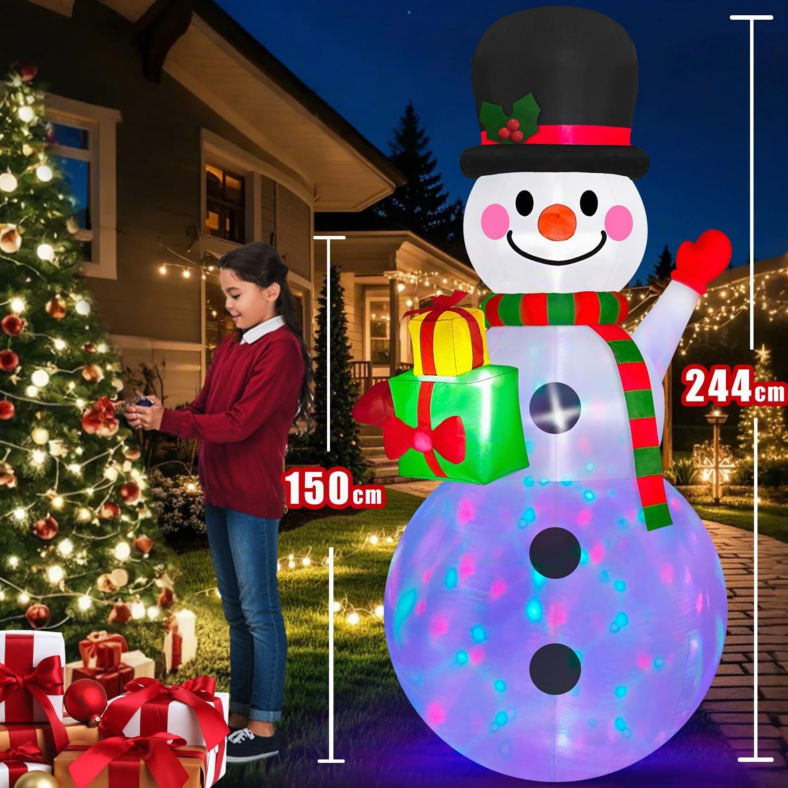 2,44M Schneemann Aufblasbare Weihnachtsdeko mit Farbiger LED-Beleuchtung