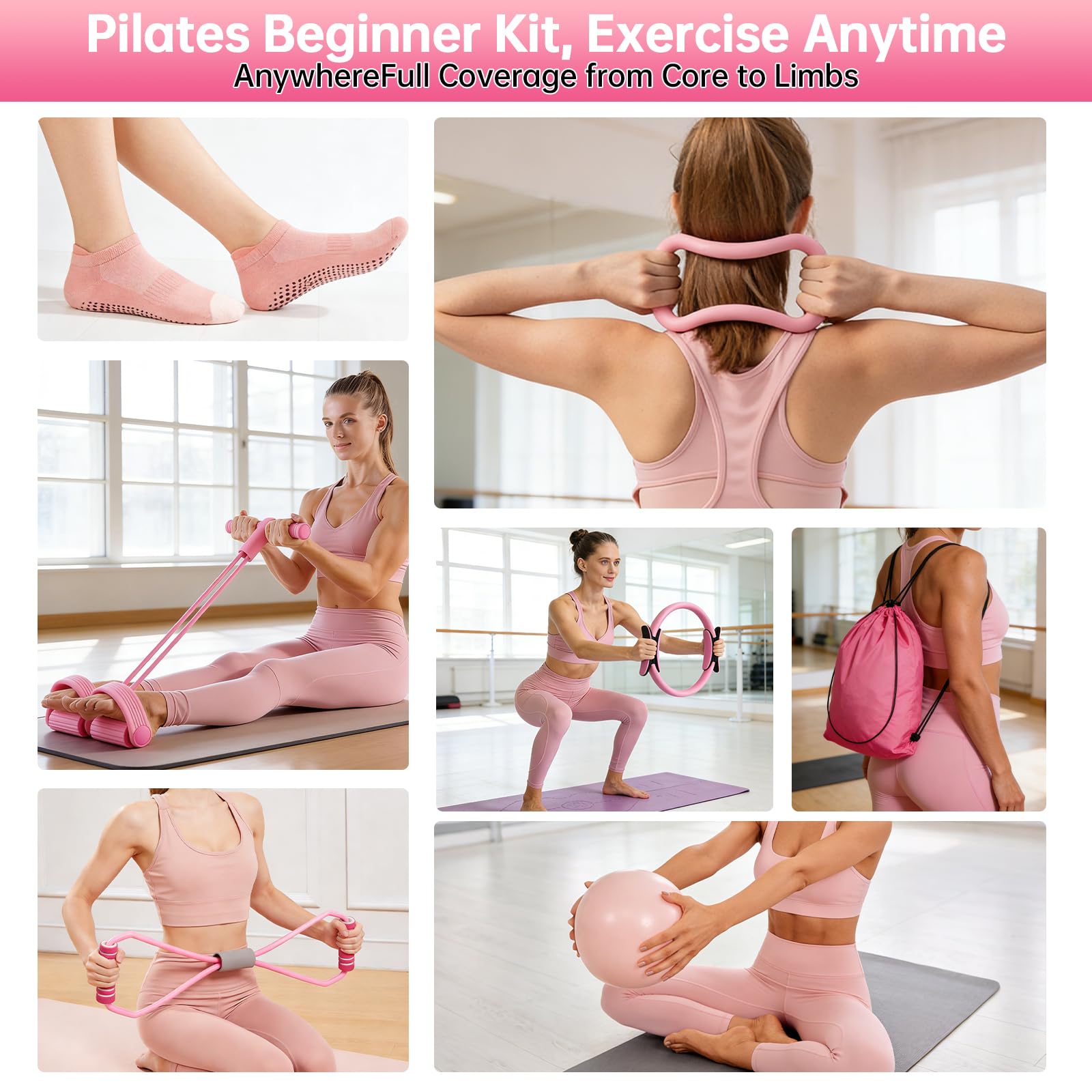 nnOuOnn Kit esencial de pilates de 17 piezas para mujer, círculos de fitness y pilates