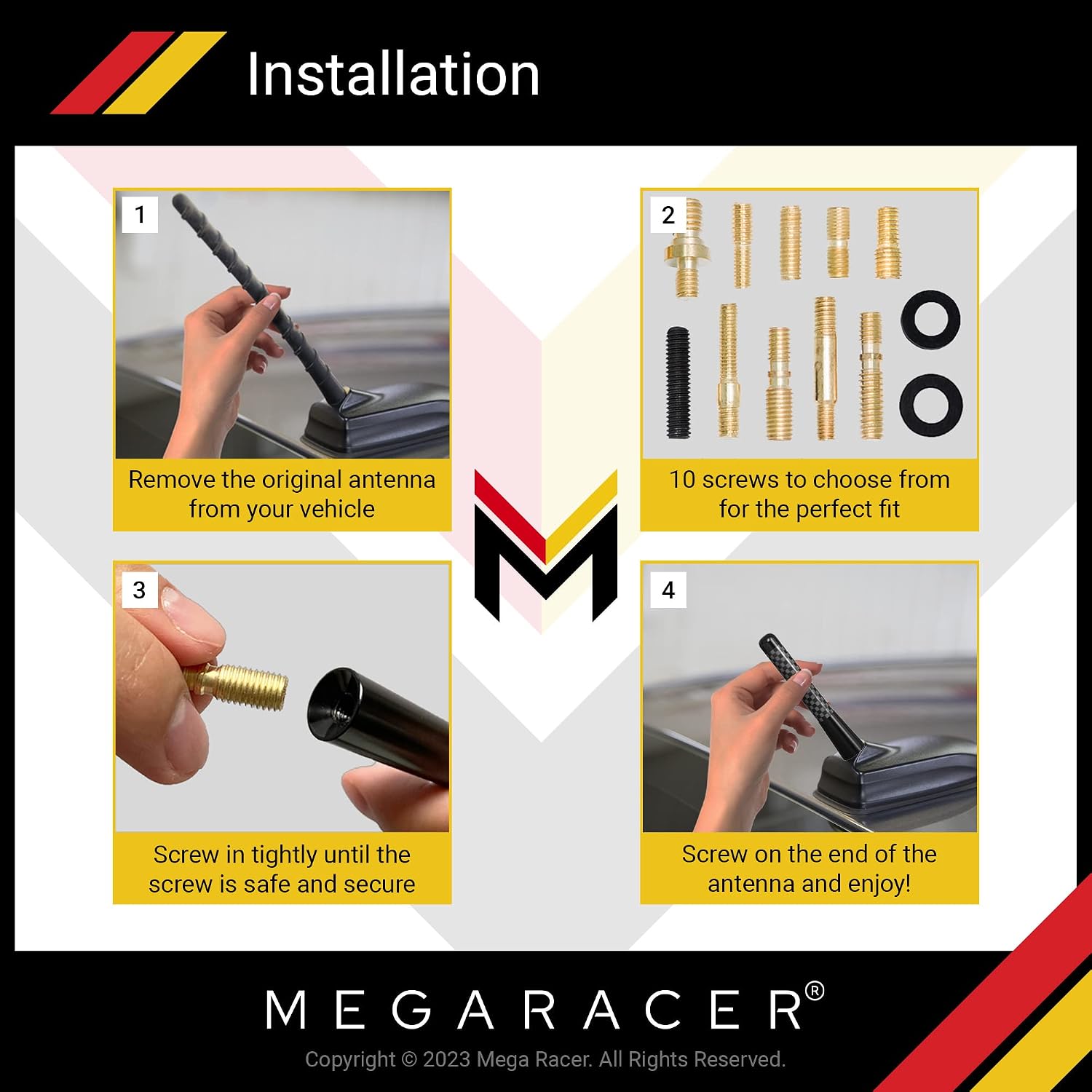 Mega Racer 3" 76 mm Carbon Fiber Polished Finish Black Short Automotive Antenna with Internal Copper Coil AM FM Compatible for Car and Truck Vehicle, 1 Piece