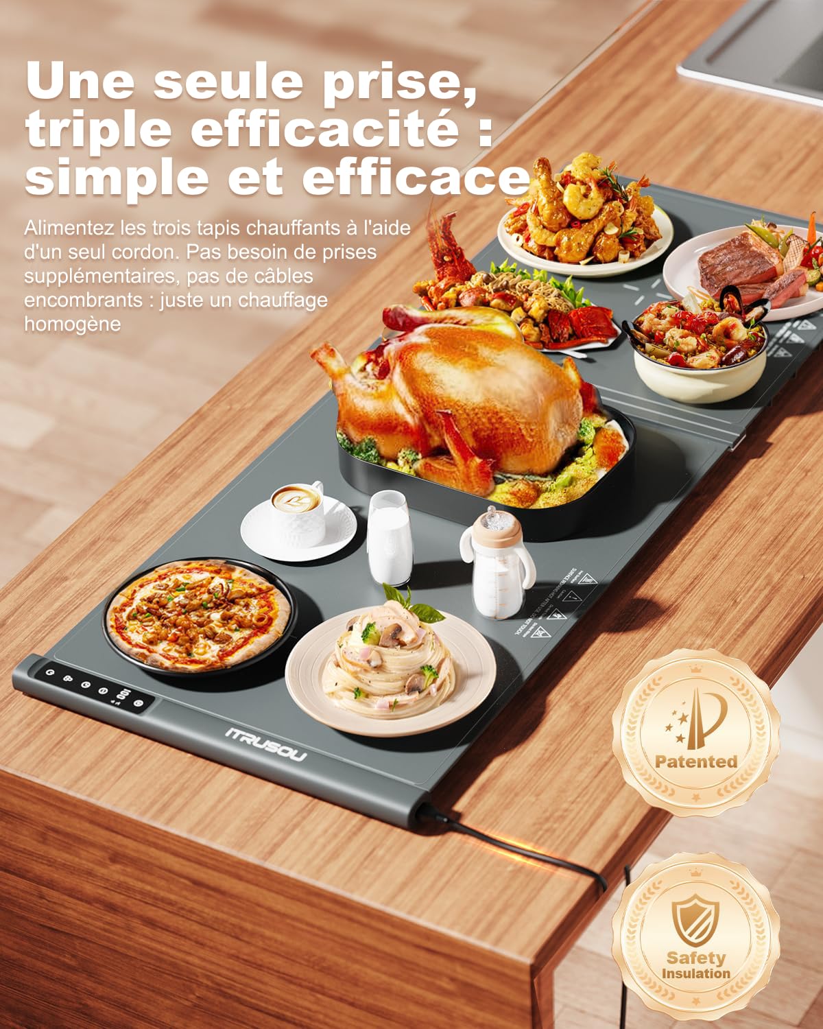 Tapis chauffant XXL pour comptoir 106,7 x 40,6 cm – Plateau chauffant électrique extra large pour buffets, fêtes et repas de famille – 2 pièces enroulables extensibles pour un chauffage rapide sur