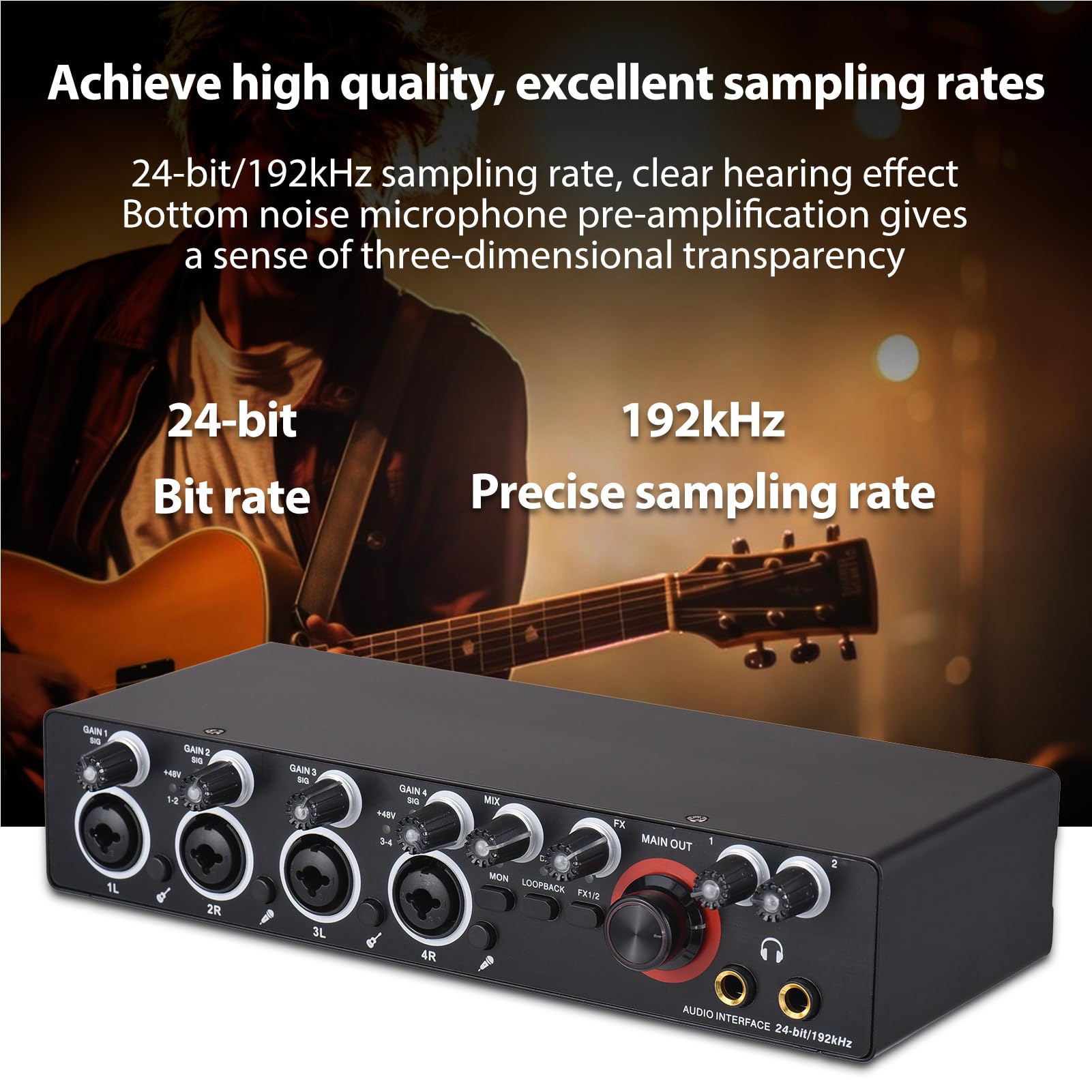 HUIOP Tarjeta de sonido de grabación de 4 canales con interfaz de audio libre de controlador, 4-en 4-out tarjeta de sonido USB 24 bit/192khz 48V alimentación fantasma para grabación profesional de