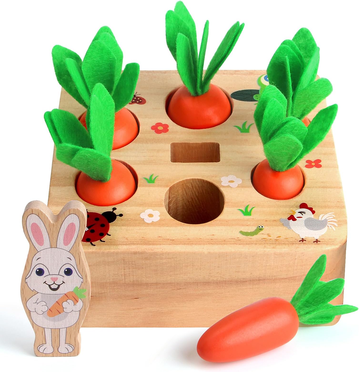 SKYFIELD Carrot Harvest Game Wooden Toy for Baby Boys and Girls 1 2 3 Year Old, Educational Shape Sorting Matching Puzzle Gift Toy with 7 Sizes Carrots.Great Montessori Toy for Toddlers 1-3