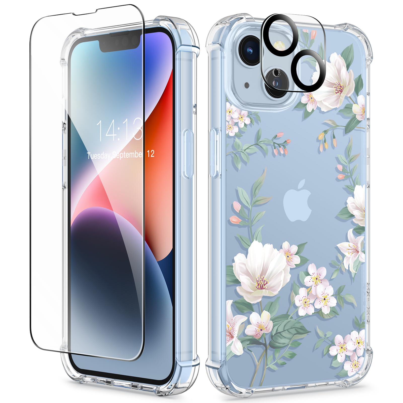 GVIEWIN for iPhone 14 Case Floral, with Screen Protector+Camera Lens Protector, [Non Yellowing] Soft Shockproof Clear Phone Protective Cover for Women, Flower Pattern Design 6.1" (Magnolia/White)