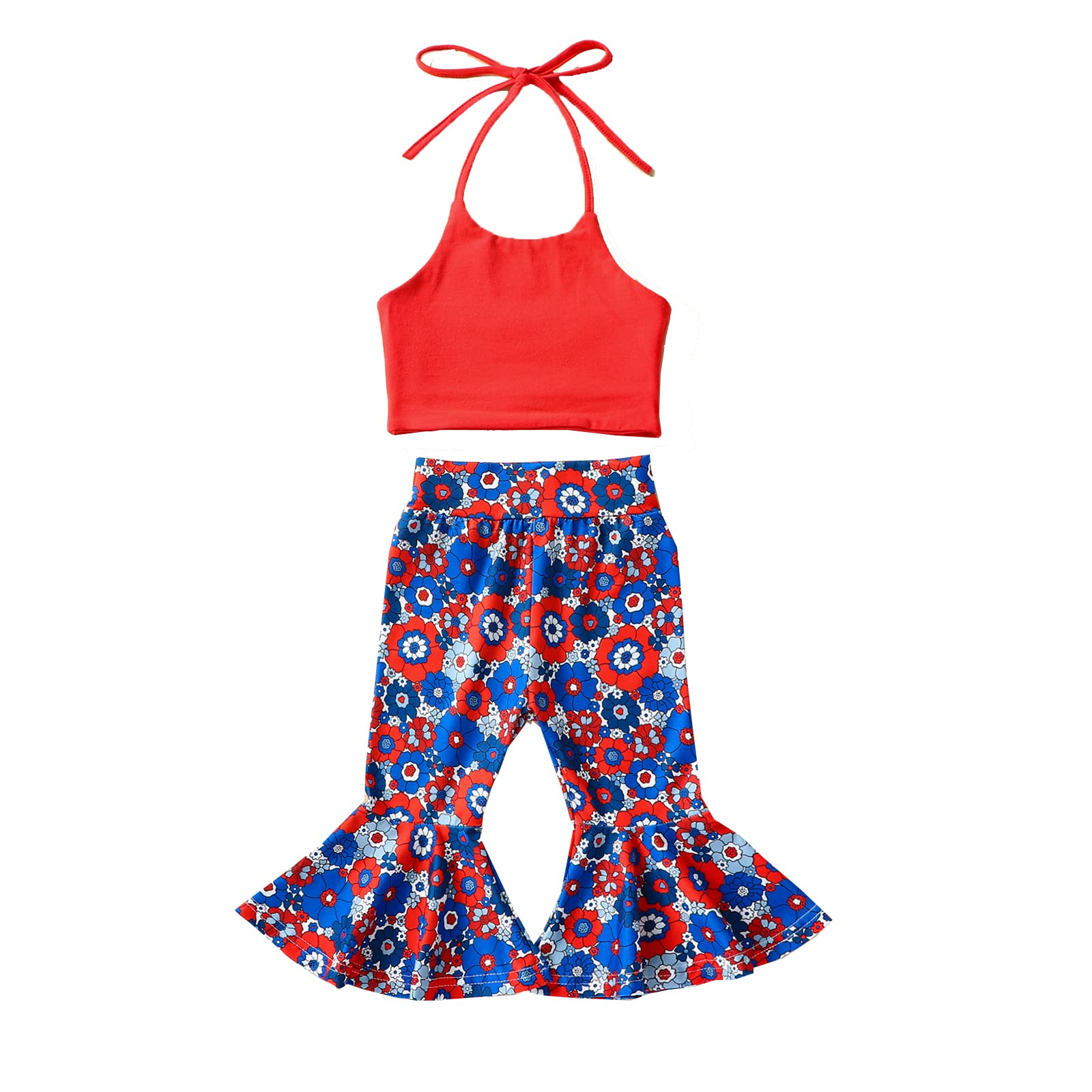 Ayalinggo Toddler Girl 4th of July Outfit Baby Floral Halter Crop Top Bell Bottoms Flare Pants Set Cute Summer Clothes Floral 6-12 Months