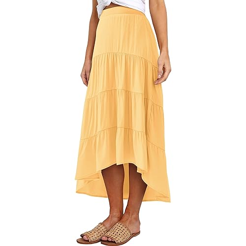 PRETTYGARDEN Women's Ditzy Floral Print Midi Skirt Boho Elastic High Waist Long Skirts for Women Trendy High Low Hem