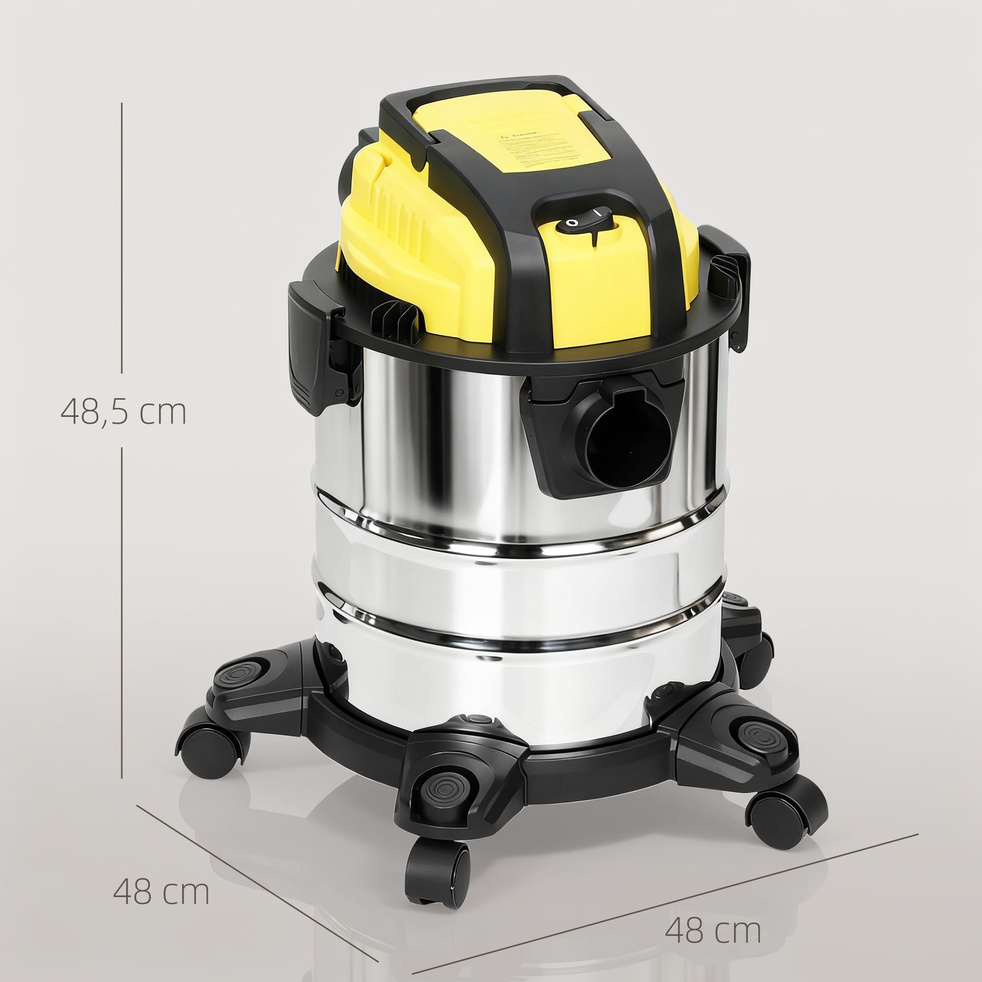 HOMCOM Aspirador en Seco y Húmedo 3 en 1, 1200W, Aspiradora con Función de Soplador, Manguera 2 m, Depósito Inoxidable 20L, Triple Filtro, Boquilla para Suelos y Ranuras, Amarillo