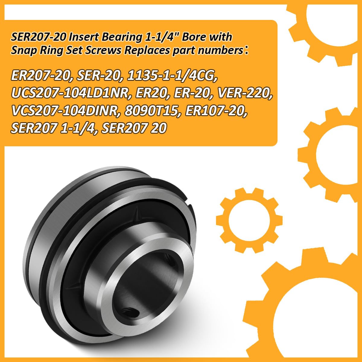 SER207-20 Insert Bearing 1-1/4" Bore with Snap Ring Set Screws for Agricultural Machinery Replaces ER20 VER220 SER-20 1135-1-1/4CG UCS207-104LD1NR ER20 ER-20 VER-220 VCS207-104DINR 8090T15 ER107-20