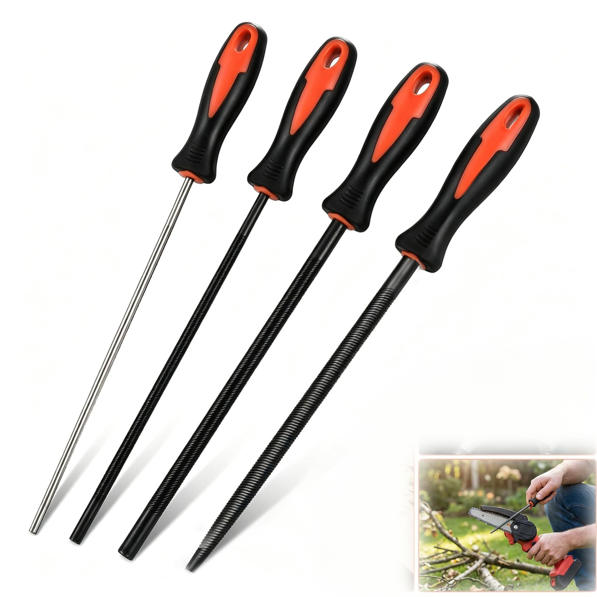 Chainsaw Sharpener Files Set 4 Pcs Professional Round Chain Saw File Tool Kit with Non Slip Handle Storage Bag Multiple Sizes 3.2mm 4.0mm 4.8mm 5.5mm for Chain Sharpening Garden Forestry Wood Cutting
