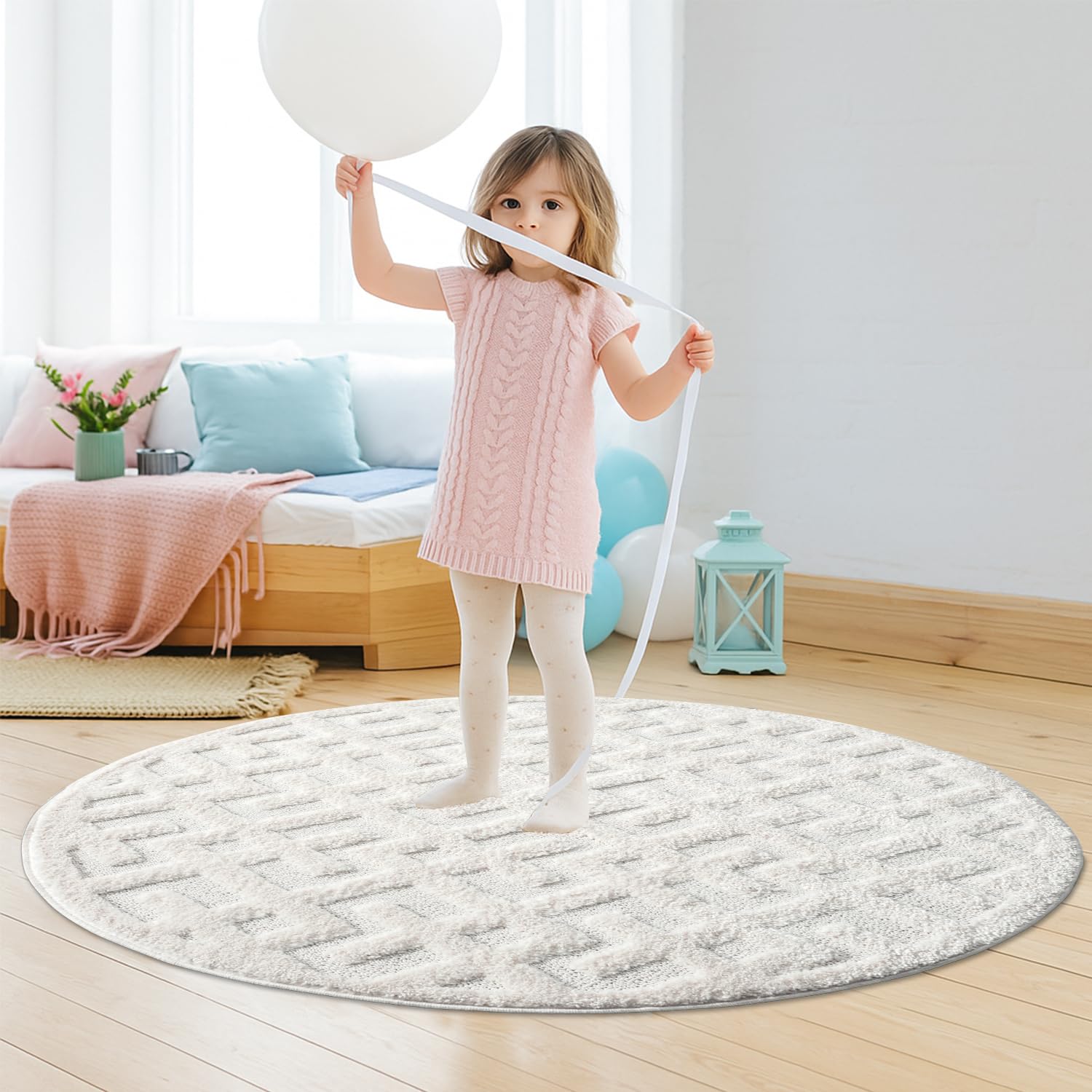 payé Teppich Rund - 200x200cm - Hochflor - Boho - Pastell Creme Grau - Einfarbig - Modern Geo Muster- Skandinavisch Flauschig Weich - Schlafzimmer Dekoration
