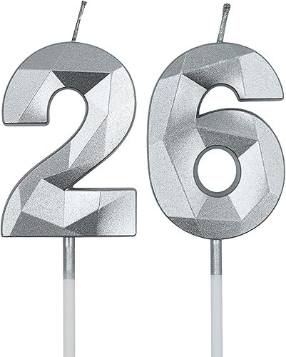 Velas de cumpleaños de 26 y 62 para pastel, número plateado 26 62 3D con forma de diamante, decoración de cumpleaños, suministros de fiesta para