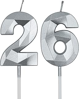 26th & 62nd Birthday Candles for Cake, Silver Number 26 62 3D Diamond Shaped Candle Birthday Decorations Party Supplies for Women or Men