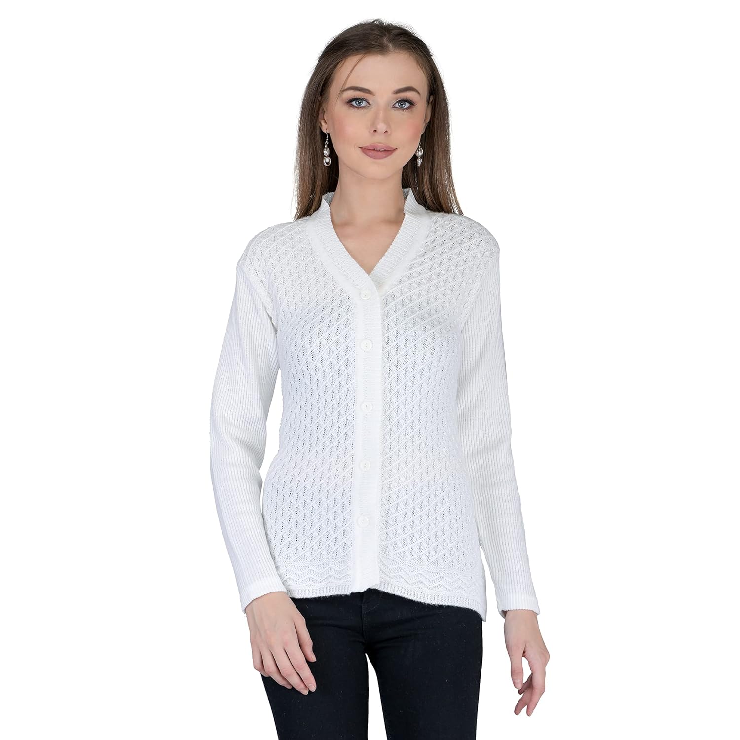 Women’s Woolen V-Neck Self Design Cardigan – Heavy Daffodil Fabric Winter Wear Pure Wool Long Cotty Fully Warm With Pockets – Free Size