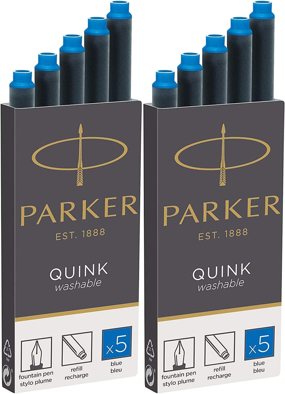 Parker Quink Washable Ink Fountain Pen Refill Cartridges, 10 Blue Ink Refills (3016031PP) (10 Cartridges, Blue)