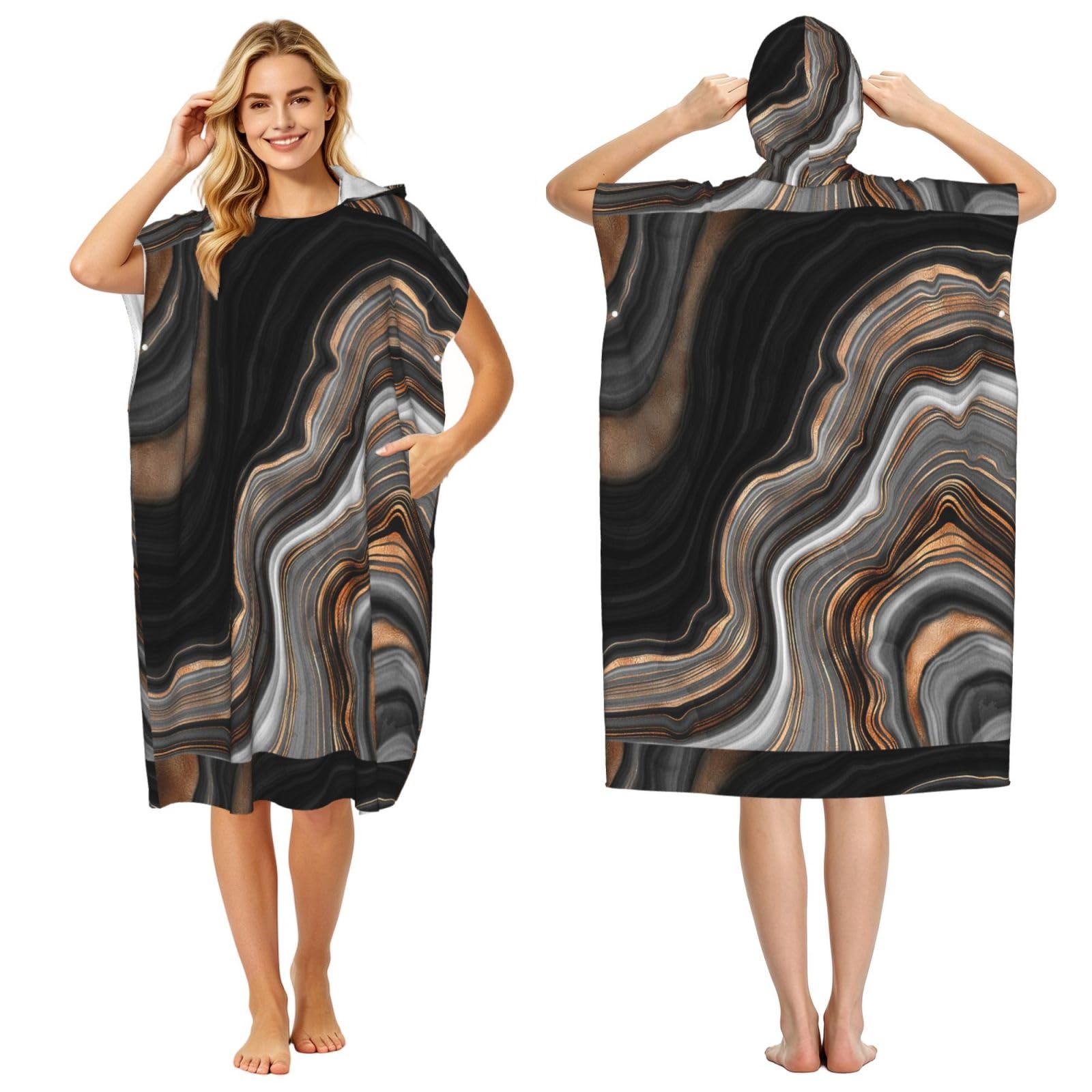 Poadnly Elegant Black Marble With Gold And Copper Veins, Adult Hooded Beach Towel 90 x 110 cm,Changing Bath Robe, Surf Poncho Towel For Women Men