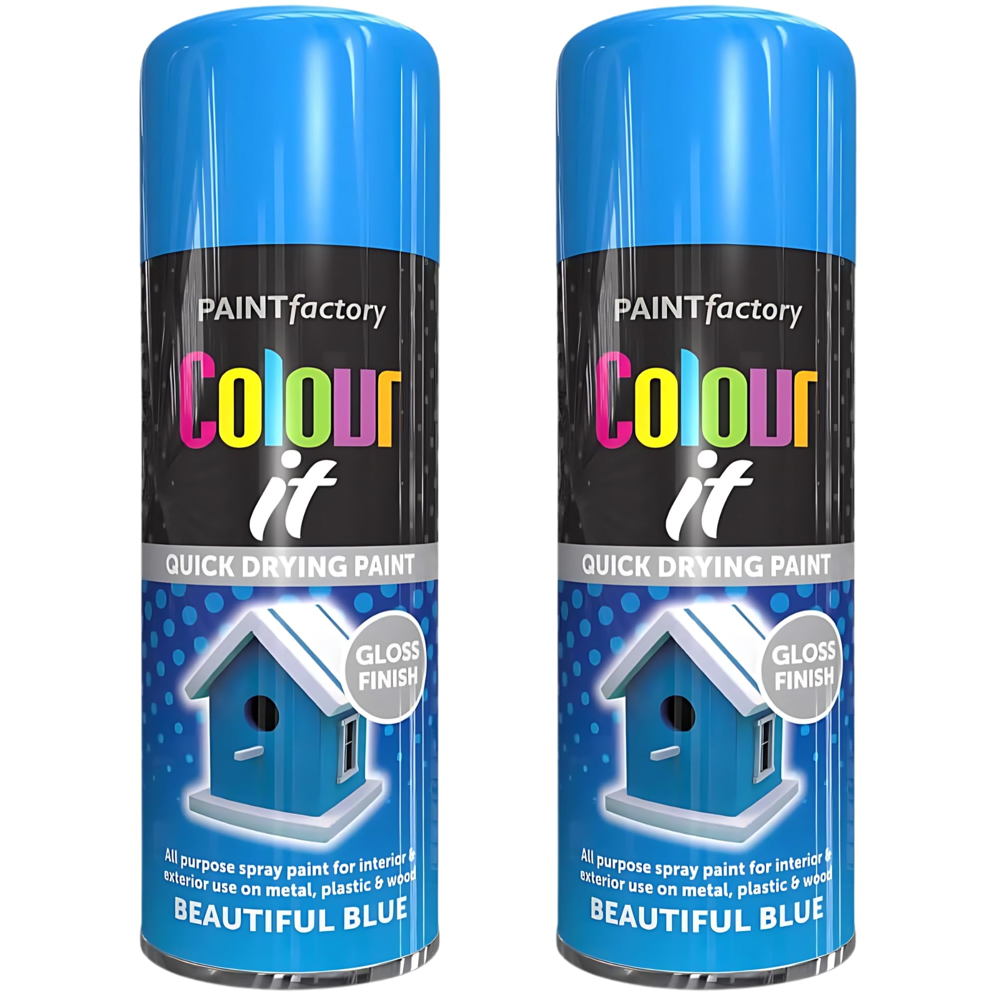 Paint Factory All Purpose Blue Spray Paint Pack 2 (400ml Each) - Gloss Finish Interior and Exterior Blue Spray Paint for Metal, Plastic, and Wood