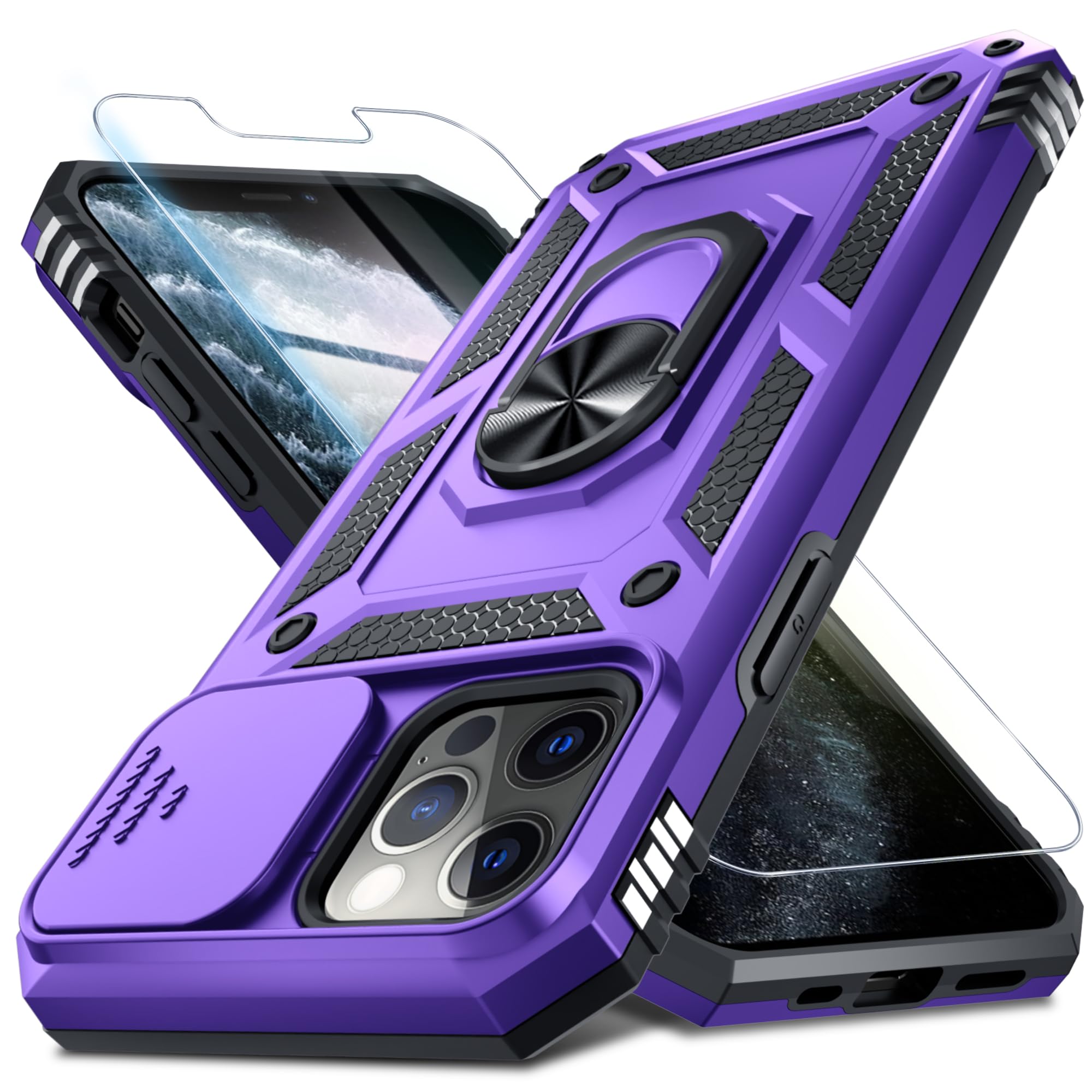 Janmitta Case for iPhone 16 Phone Cover Built in Slide Camera Lens Cover+Screen Protector,Heavy Duty Shockproof Full Body PhoneCase with Finger Ring Holder Kickstand,Purple Purple iPhone 16