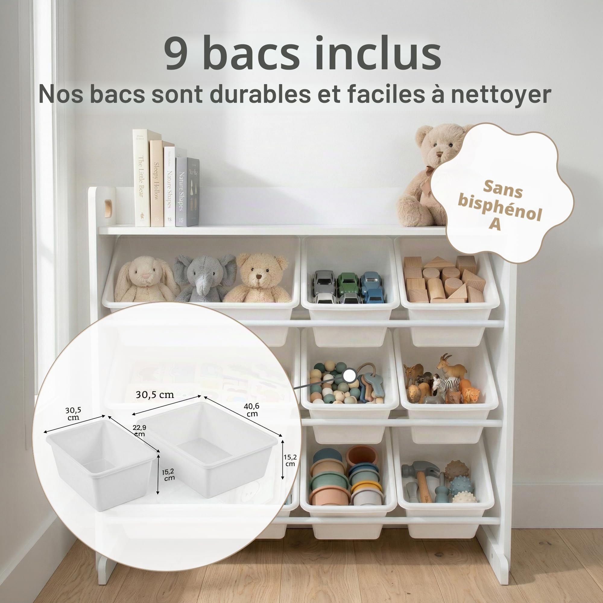 Humble Crew, étagère pour enfants, organisateur de jouets avec 9 bacs de rangement, blanc/blanc