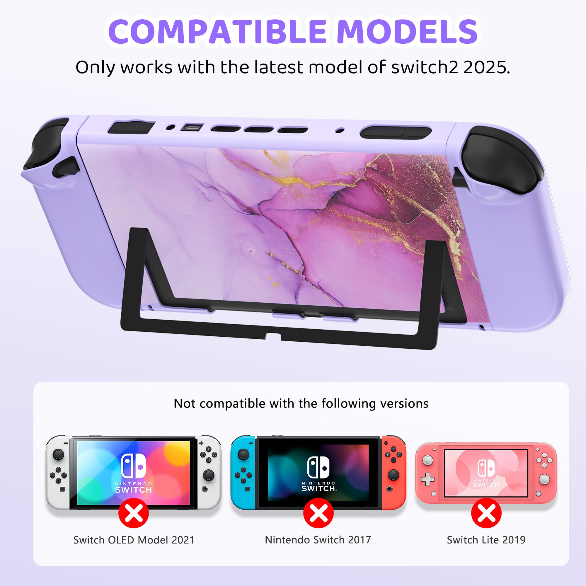 FUNDIARY Custodia da viaggio per Nintendo Switch 2 con design marmo viola, accessori carini con custodia portatile, custodia protettiva agganciabile, pellicola proteggi schermo, tracolla e 2 tappi per