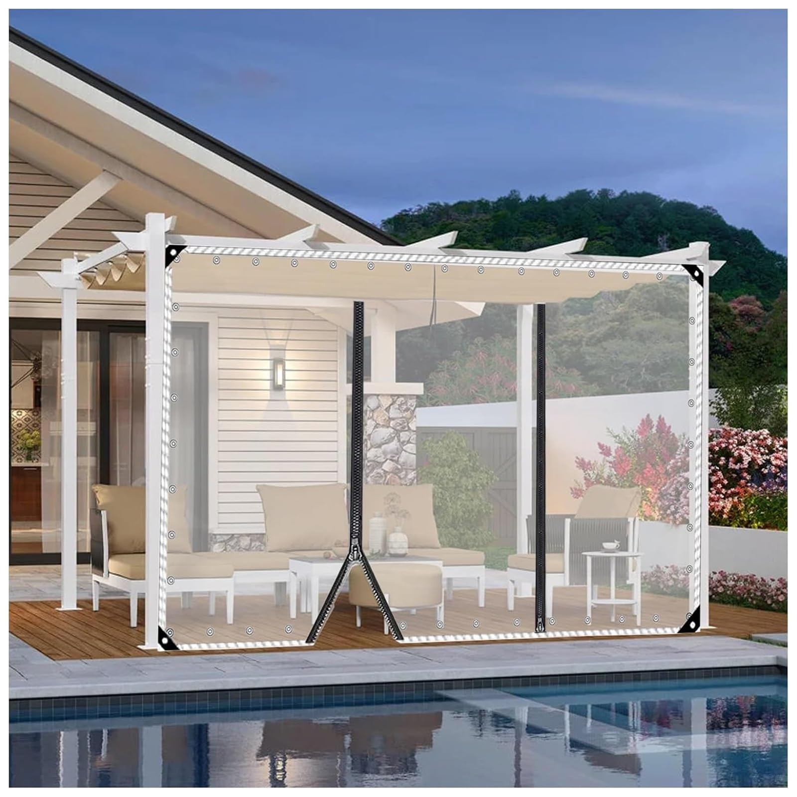 Juccjuxin One Color Clear Vinyl Curtains With Zippered Entry, Heavy Duty Waterproof And Tear-Resistant Tarpaulin With Grommets, Transparent Tarp For Patio Gazebo Balcony Porch Pergola(H2.9xw2m/H9.5xw6.5ft)