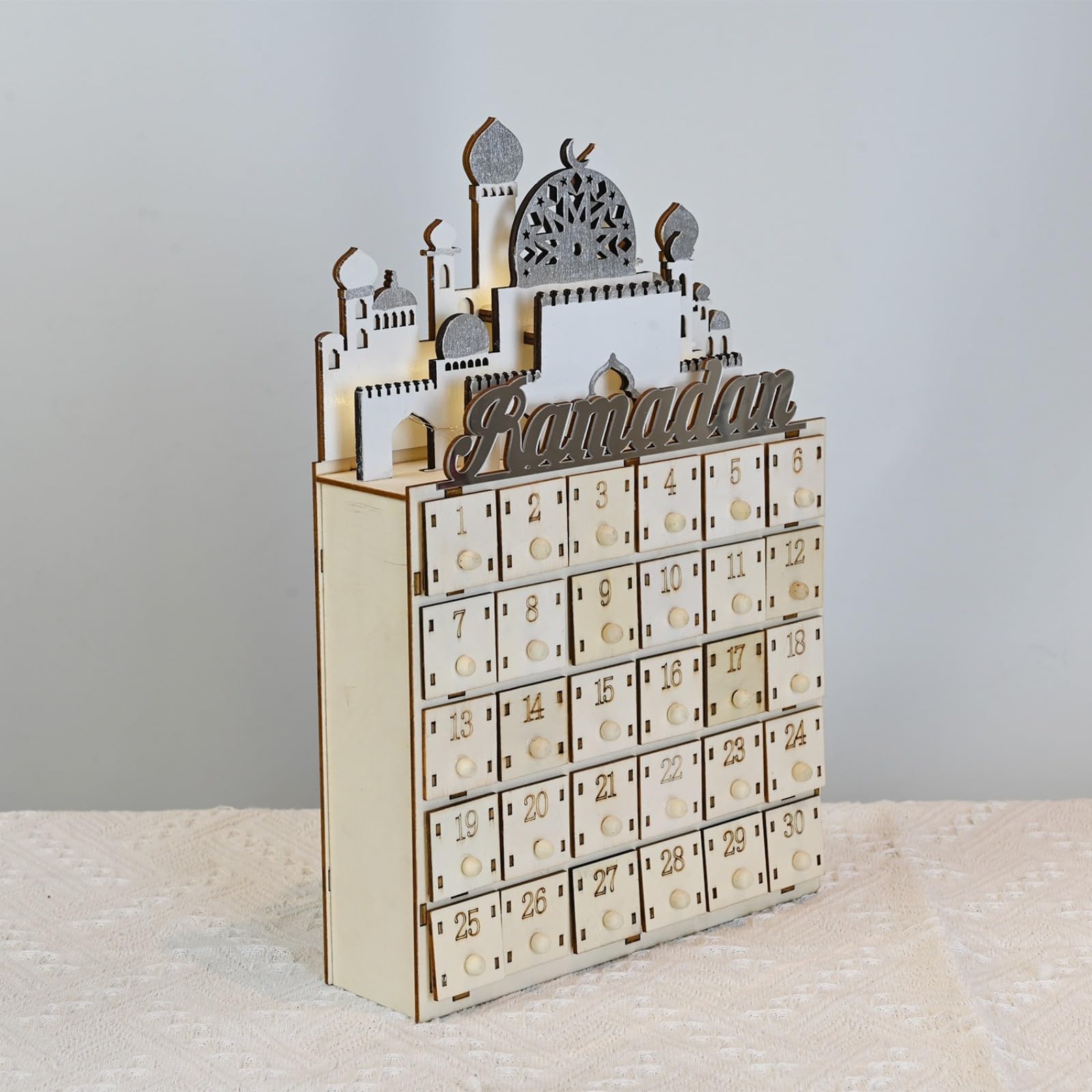 Eid Ramadans - Calendario de cuenta regresiva con luz LED y cajones de 30 días, decoración de Adviento de madera para celebración islámica del hogar