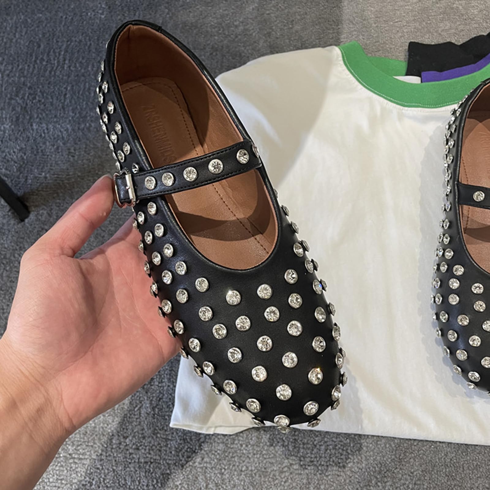 Ballerine da Donna con Strass, Ballerine Mary Jane con Punta Rotonda e Fibbia Scintillante, Ballerine Casual impreziosite con Borchie,Nero,36 EU