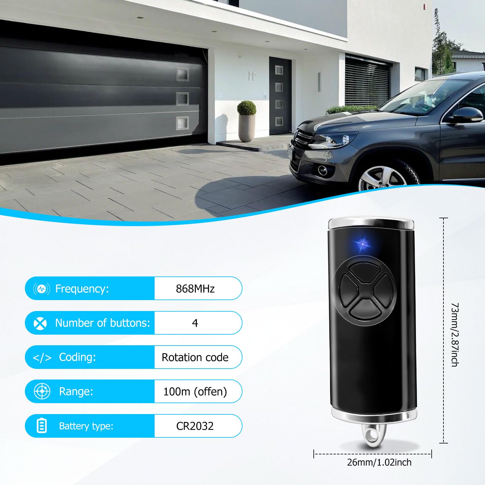 Trasmettitore di Ricambio HSE4-868-BS, Apriporta Garage 868,3 MHz, 4 Canali, Compatibile HSE2-868-BS, Nero