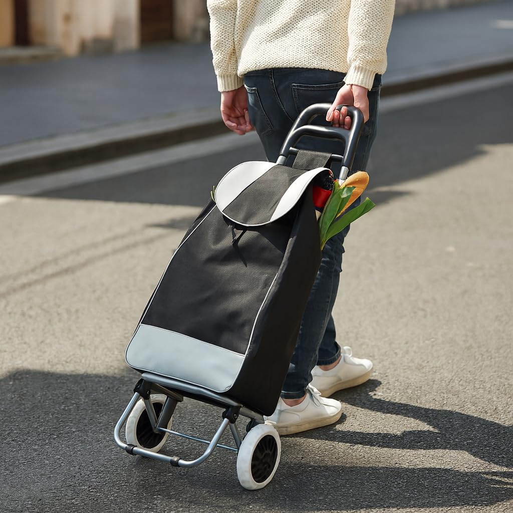 Burakh Black 2 Wheels 35L Litre Lightweight Shopping Grocery Trolley Travel Folding Cart Luggage Waterproof Bag Hard Wearing & Foldaway For Easy Storage (Black)