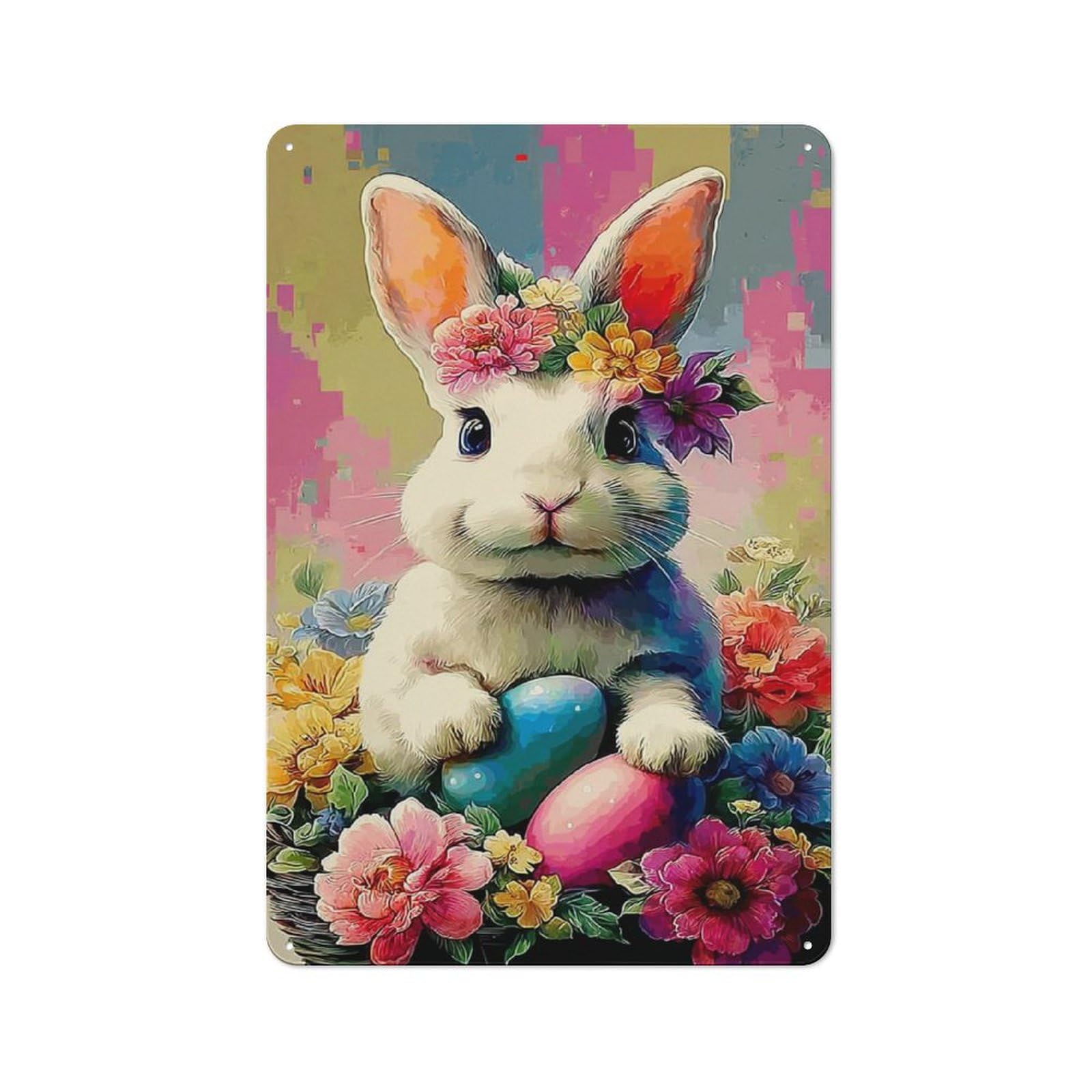 Junmoney Spring Bunny With Eggs And Flowers Country Metal Wall Decor 30X20cm, Tin Wall Plaque For Cottage, Kitchen, Hallway Or Breakfast Nook