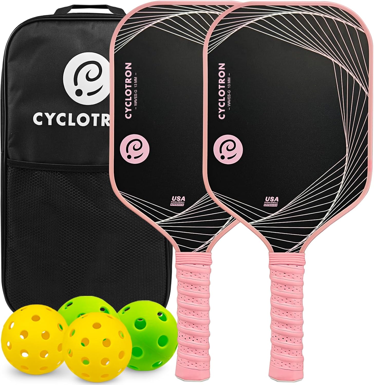 cyclotron Pickleball Paddles Set of 2, Lightweight Fiberglass Surface, Perfect for Beginners Gift(2 Paddles, 4 Balls, 1 Sports Bag)