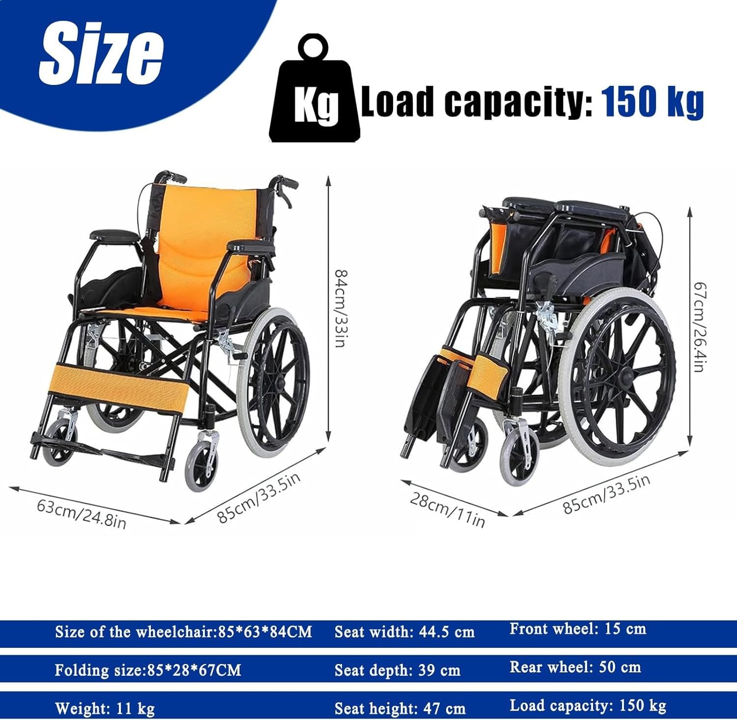 Silla De Ruedas De Transporte Liviana Plegable,Capacidad De Carga 150 Kg,Silla De Ruedas Ligera Y Plegable con Freno De Tambor,con Autopropulsión,Silla De Ruedas De Viaje Black