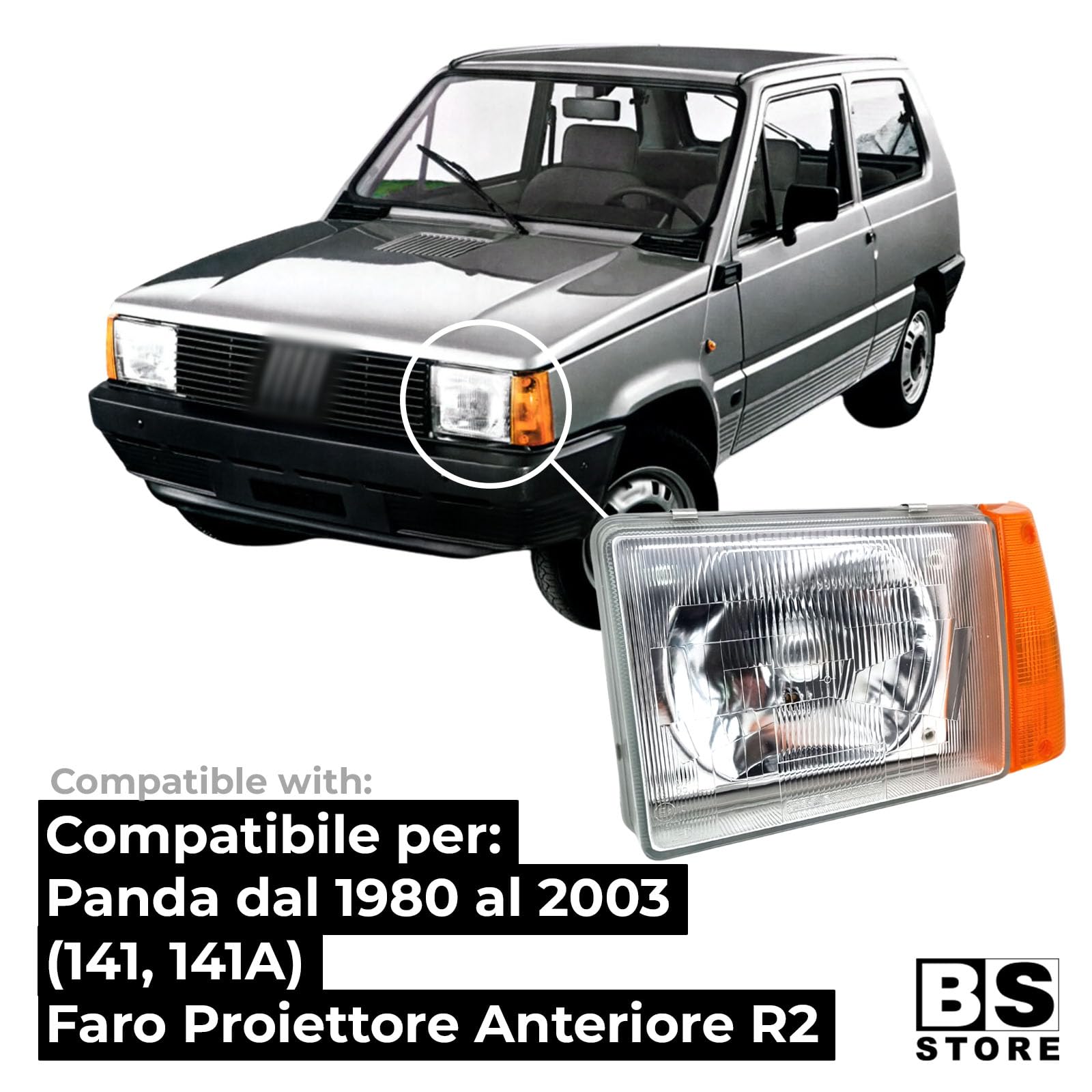 BSSTORE Faro Proiettore Anteriore R2 per Panda dal 1986 al 2003 (141, 141A) Regolazione Elettrica (Sinistro - Lato Conducente)