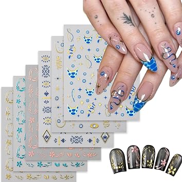 6 Sheets Flower French Tip Nails Stickers Decals Star Snake Nails Art Stickers Self-Adhesive Eye Design Nail Art Decals for Women DIY Nails Decorations