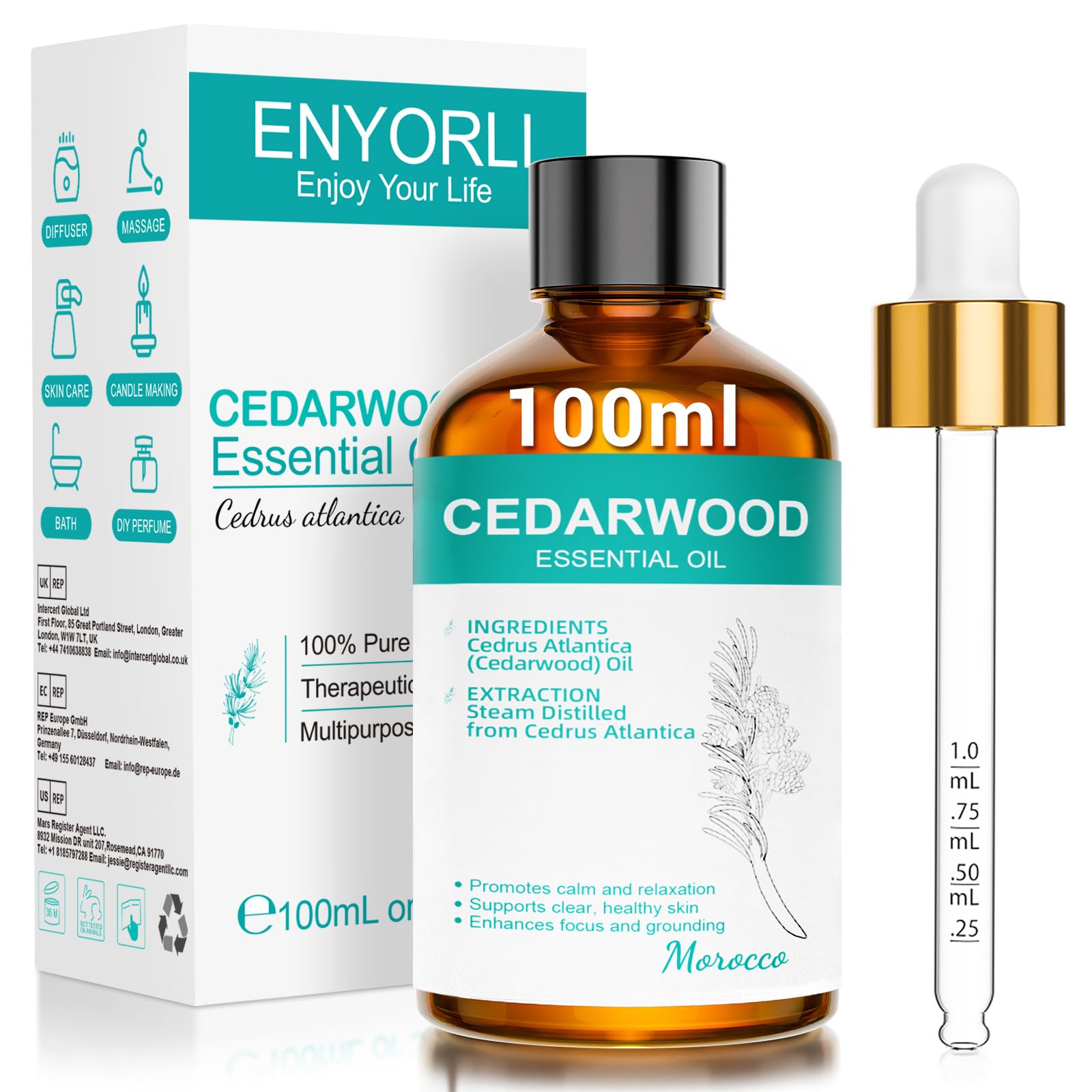 ENYORLI Ätherisches Lavendelöl 100ml 100% Naturrein mit Skalenpipette | Für Aromatherapie, Lavendelduft für Diffuser und Raumduft, Skalenpipette, verdünnte Massage, Bäder, Seife, Kerzen und DIY