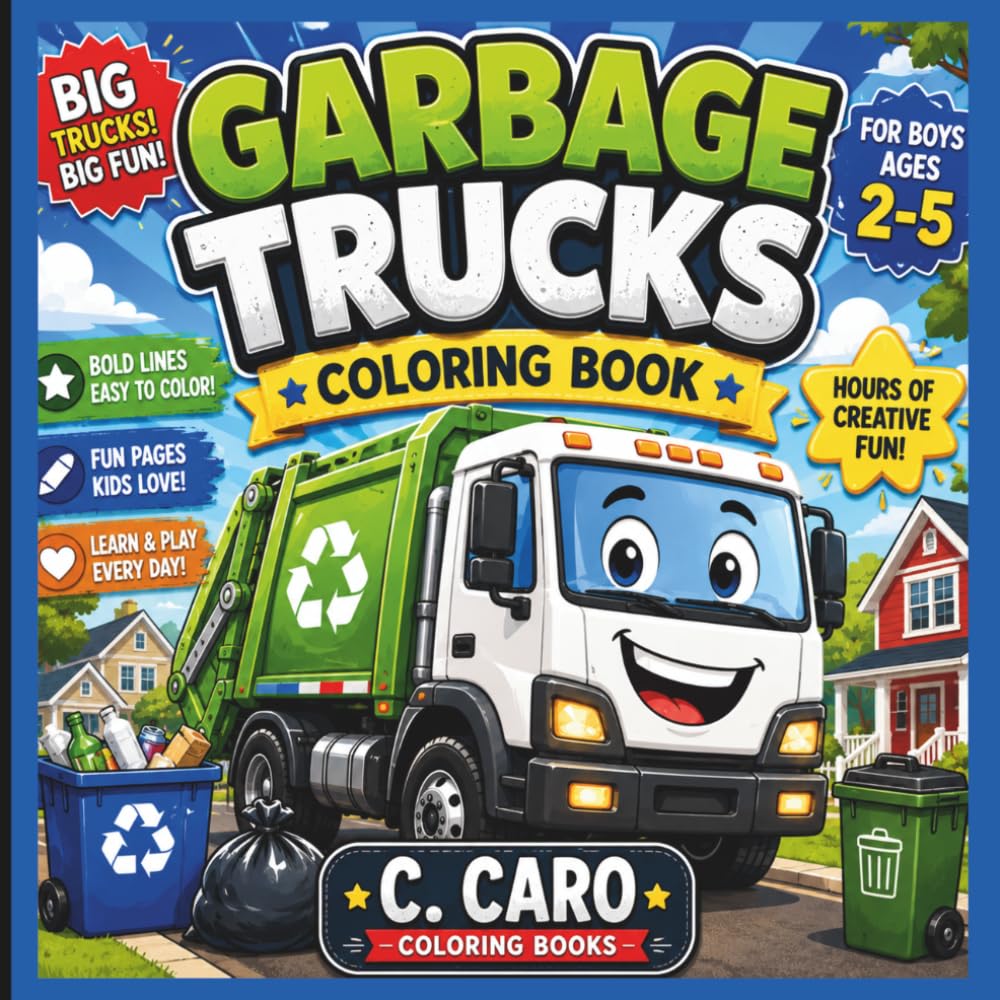Garbage Trucks Coloring Book for Kids Ages 2–5: Fun & Easy Coloring Pages Featuring Garbage Trucks, Recycling Trucks, Trash Pickup Scenes, and Big Trucks for Toddlers and Preschoolers