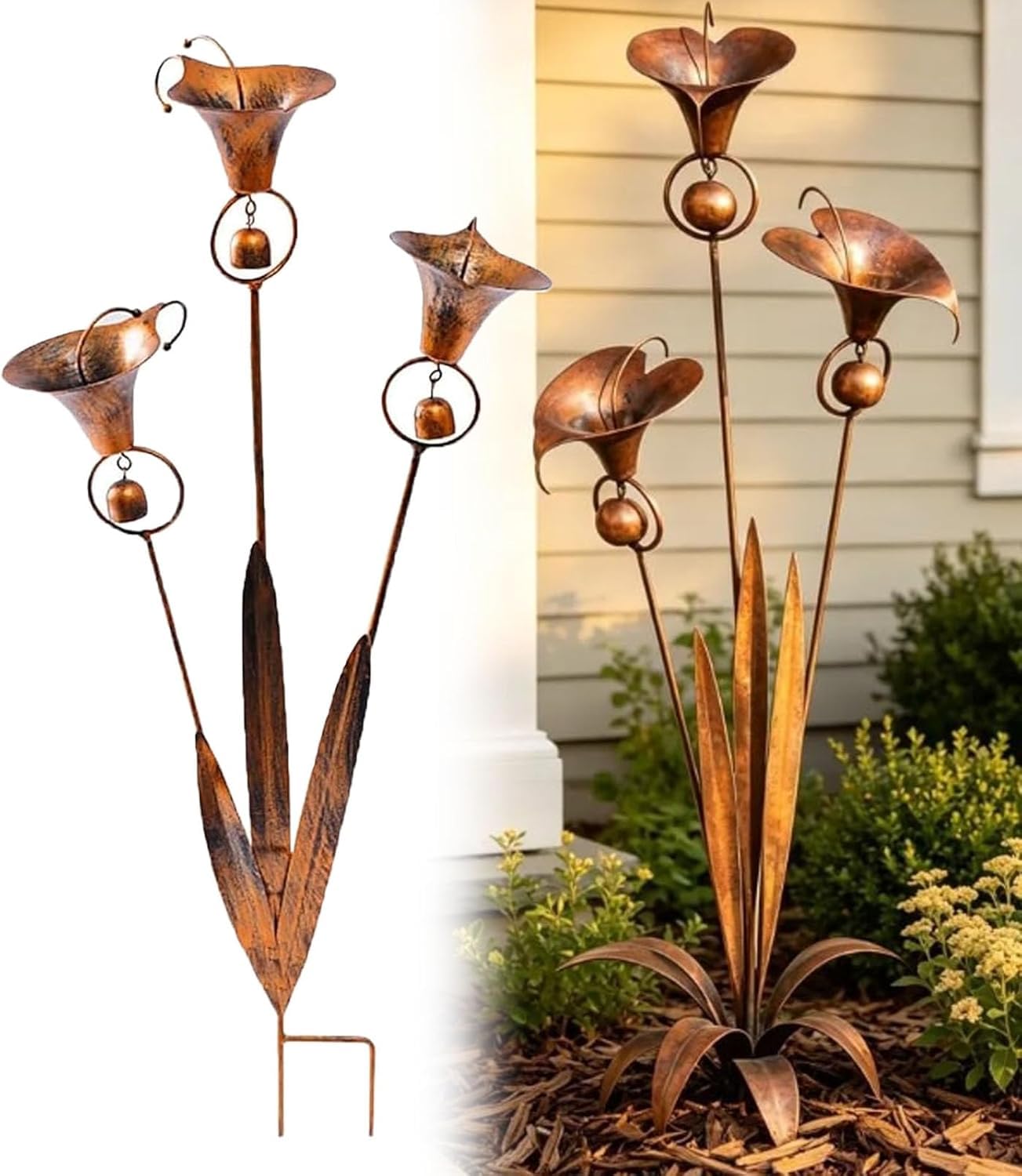 Three Calla Lilies Garden Stake, 2026 Flamed Copper Three Calla Lilies Sculpture with Bells, Handmade Novelty Rustic Copper Flower Finish Floral Stake for Yard Art, Gifts for Garden Lovers (1 pcs)