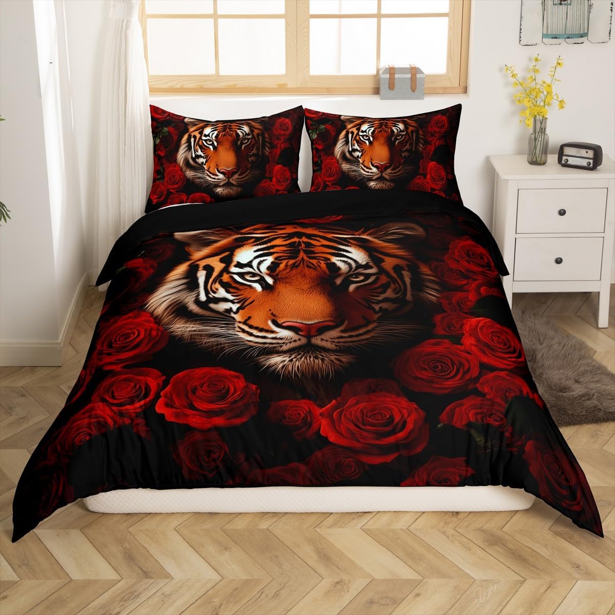 Manfei Tiger Duvet Cover Set Toddler Size,Jungle Wild Animal Mysterious Bedding Set,Rustic Red Roses Romantic Flowers Comforter Cover(No Filler) for Kids,2 Pcs
