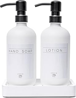 Janxin Glass Soap Dispenser for Kitchen with Stainless Steel Pump and Wood Tray, Modern Bathroom Soap Dispenser with Waterproof Labels for Hand Soap, Dish Soap, Lotion(White Bottles+Black Pumps)