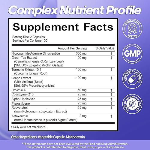 Miniatura 3 de Suplemento NAD+ con resveratrol Alternativa al suplemento NMN Energía celular avanzada, apoyo antienvejecimiento y mitocondrial con CoQ10,