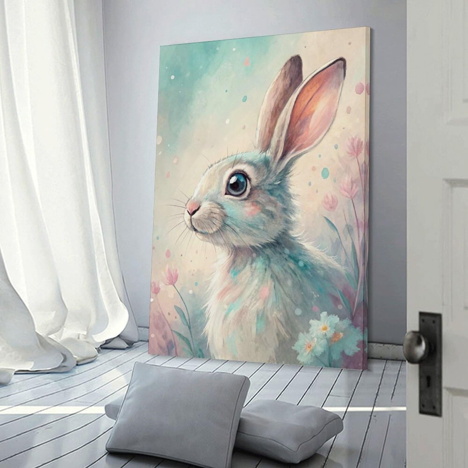 Junmoney Pastel Watercolor Bunny with Flowers Decorative Wall Artwork 16x24inch(40x60cm), for Front Hall, Corridor Or Welcome Spaces, Decorative Wall Art for Narrow Spaces