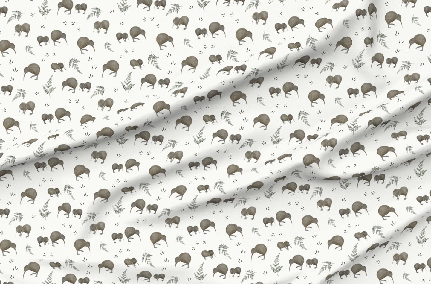 Spoonflower Fabric - Kiwi Aotearoa New Zealand Bird Print Baby Pattern Fern Leaves Printed on Petal Cotton Fabric Fat Quarter - Sewing Quilting Apparel Crafts Decor