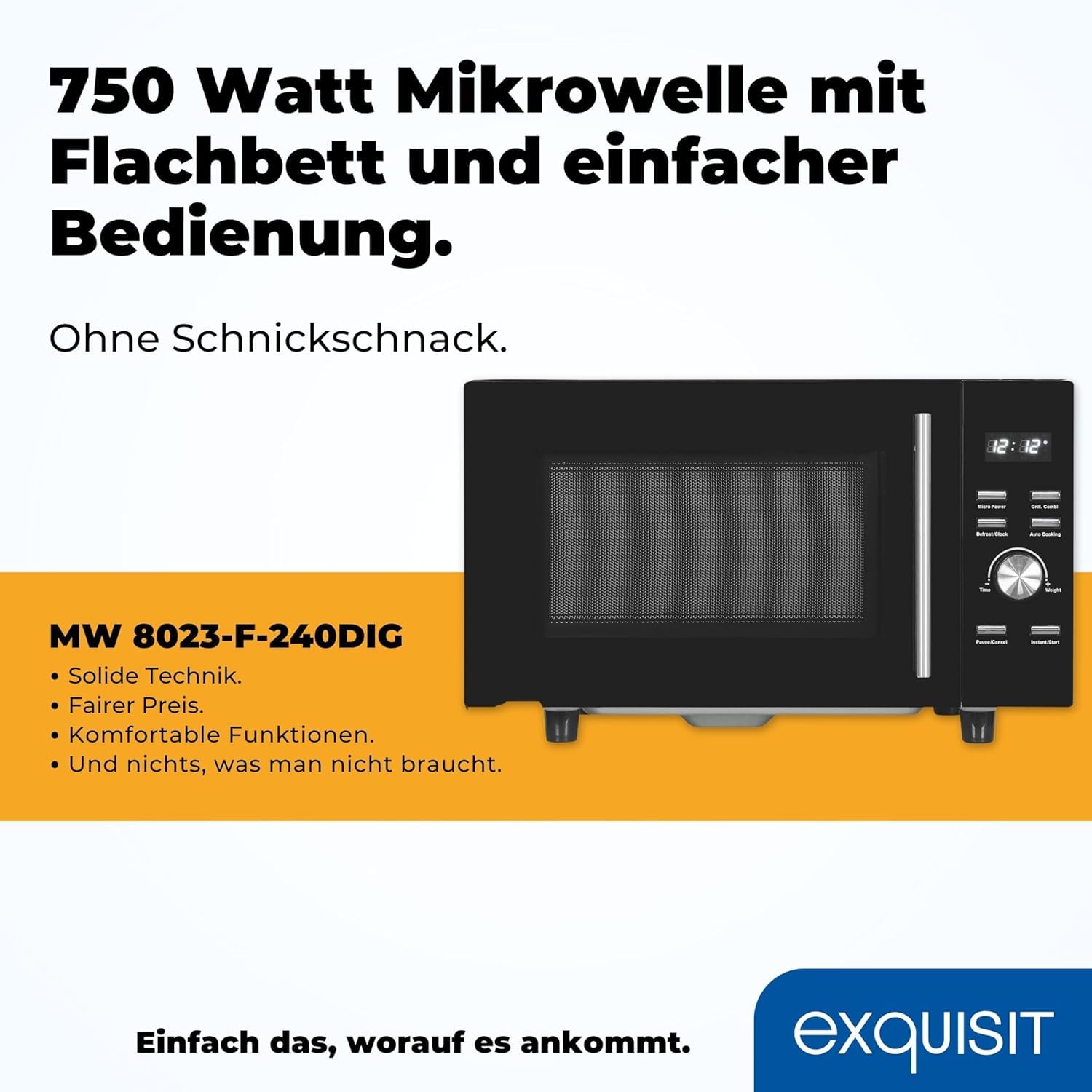 Exquisit Mikrowelle mit Grill & Flatbed - 23 Liter, 750 W, Schwarz | Ohne Drehteller, 1 000 W Grillfunktion, 5 Leistungsstufen, digitales Display – kompaktes Schwarz-Matt-Design