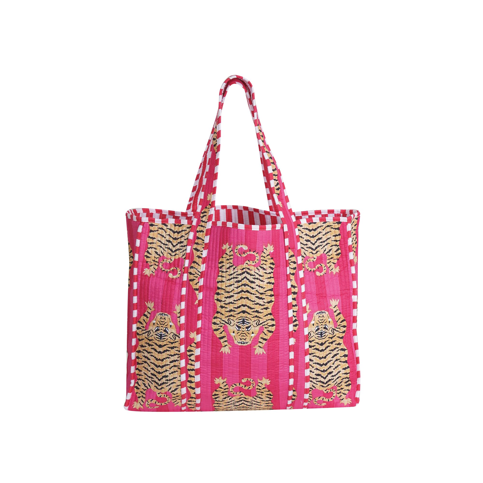 LKGSM RUGS Cotton Tiger Block Print Tote Bag, Indian Handmade Shopping Shoulder Bag, Unisex Market Daily Use, Dn 19, Standard