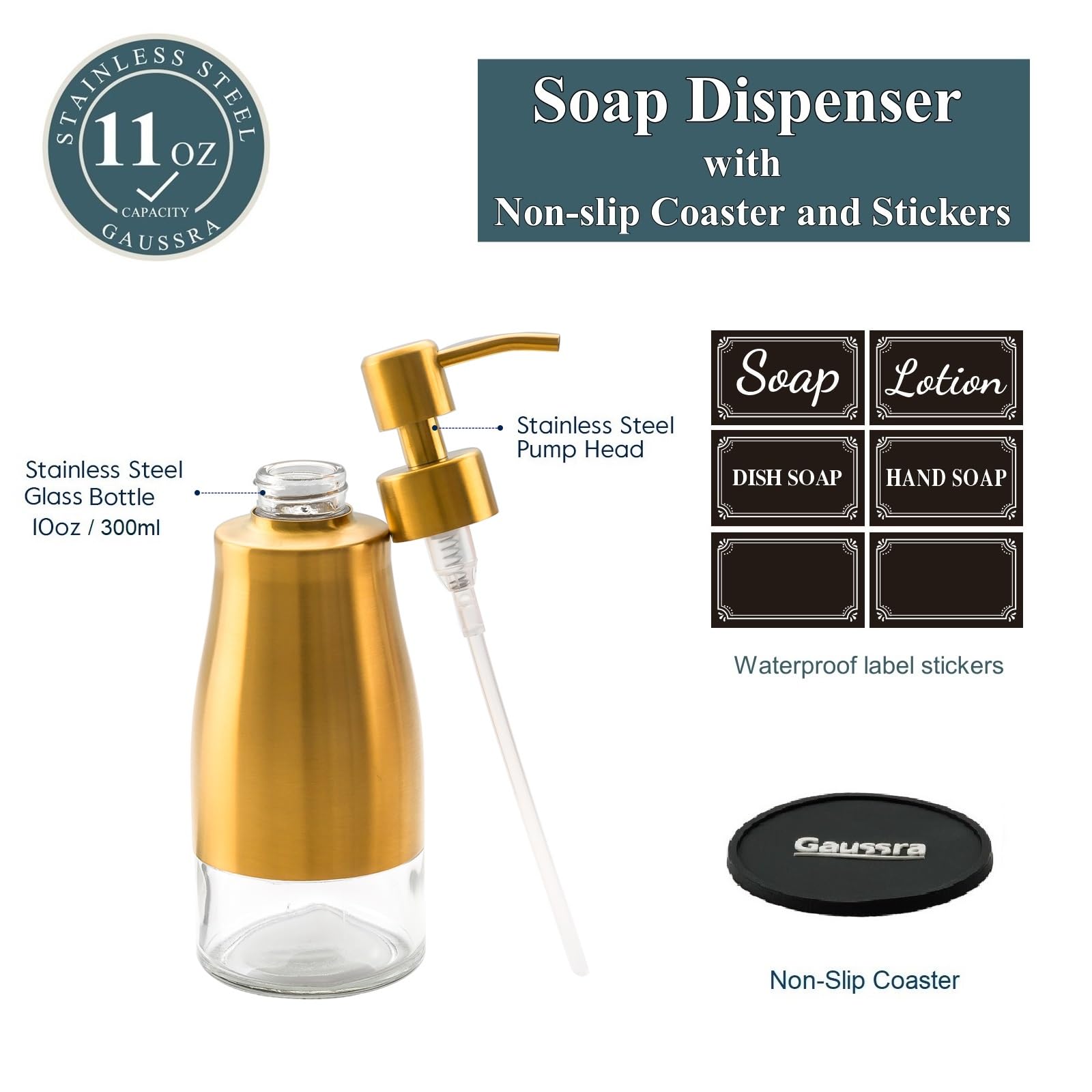 Gaussra Dispensador de jabón con posavasos y calcomanías, dispensador de bomba de mano de vidrio de acero inoxidable dorado cepillado, botella antioxidante, para botella de detergente de cocina y baño