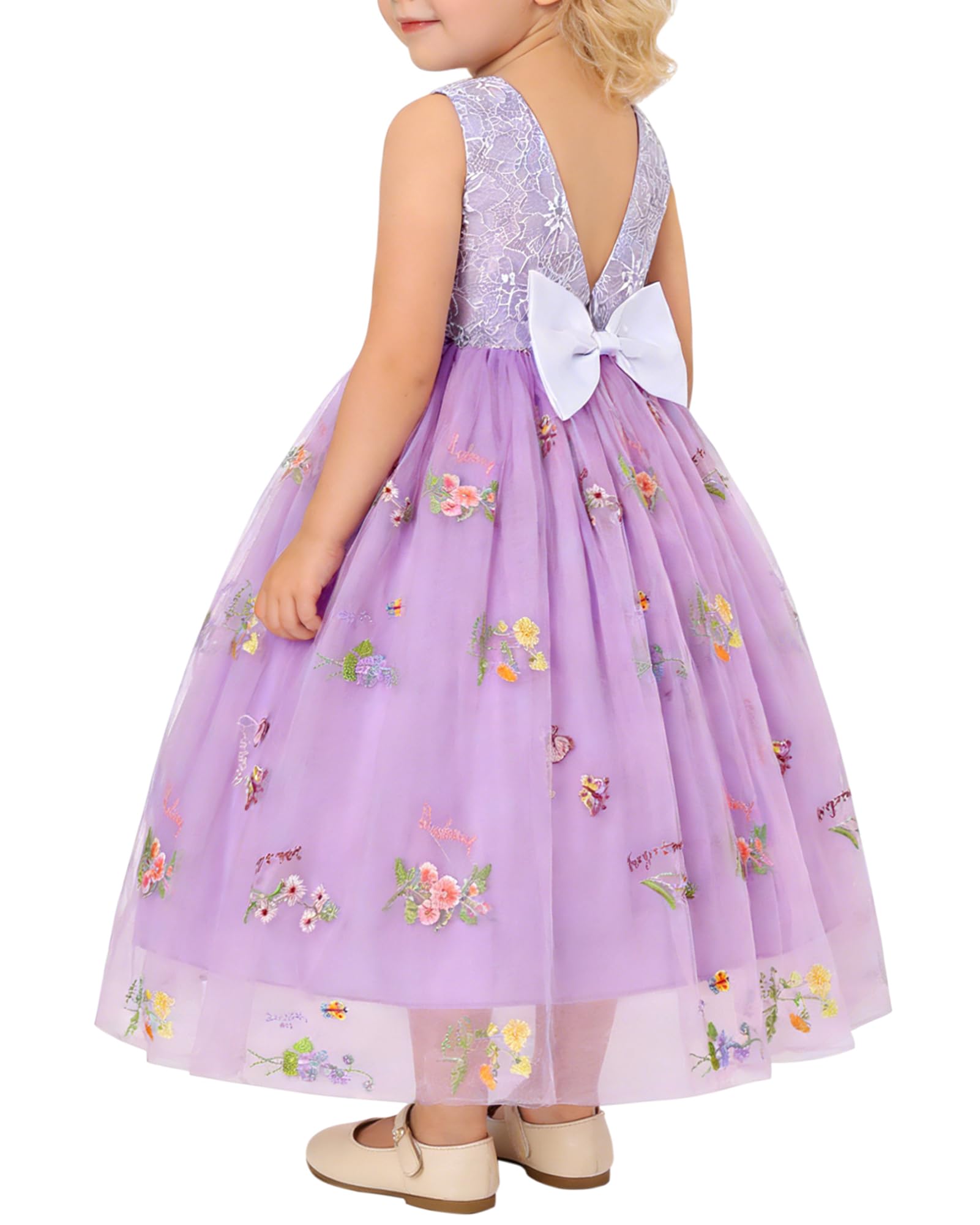 DeeFant Flower Girl Dress for Wedding Toddler Tulle Embroidered Lace V-Back Formal Birthday Party Dresses 2-7T